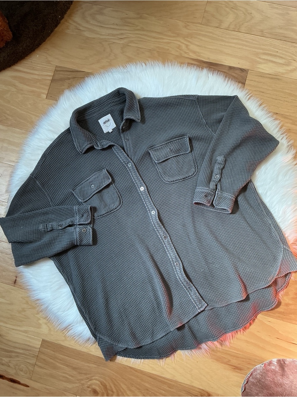 aerie Washed Gray Oversized Waffle-Knit Button Down Shirt Size Large